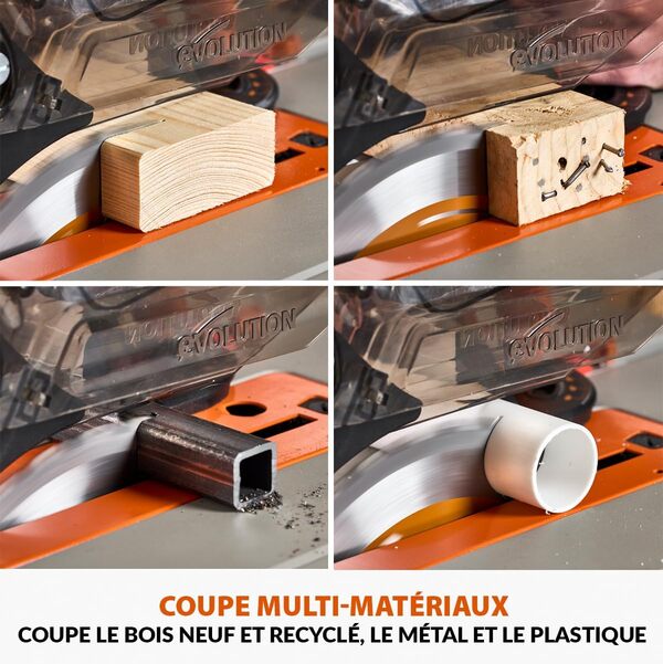 Evolution Power Tools R255TBL+ Scie De Table (Nouvelle Génération Rage 5-S) Lame De Coupe Multi-Matériaux Coupe Bois Métal Plastique, Chanfrein De 45˚, Angle De Coupe En Onglet De +/- 60˚, 1800w
