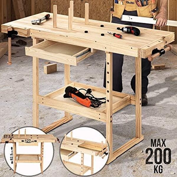 TIMBERTECH® Établi de Menuisier - 127x57,5x82,5cm, Bois Pin Massif, avec Tiroir et Étagère, Charge Max 200kg - Banc, Table Travail, Bricolage, d’Atelier