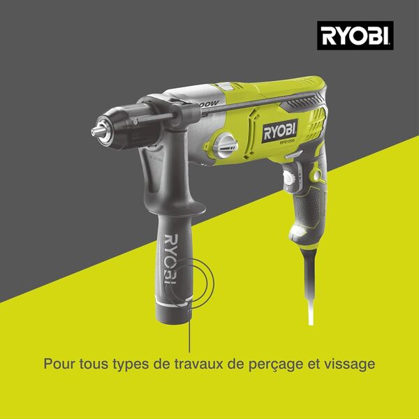 RYOBI Perceuse à Percussion 1200W RPD1200-K – Mandrin 13mm, Poignée Latérale, 2 Vitesses, Idéale Travaux Lourds Béton, Pierre, Métal