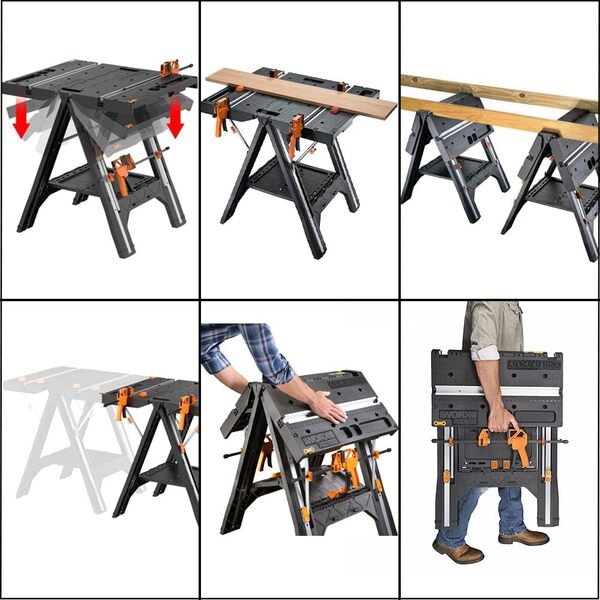 WORX Établi de Travail Pliable et Chevalet de Sciage Pegasus WX051, Table de Travail Portable 79 x 64 x 81 cm, Léger et Robuste, Capacité de charge de 453 kg, Avec 2 Pinces et 4 Mâchoires de serrage