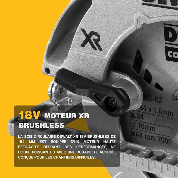 DEWALT Scie circulaire XR 18V Brushless 184mm – Sans fil, 58mm de coupe, compatible rail de guidage, LED & coffret TSTAK – Machine nue DCS572NT-XJ [Classe énergétique A+]