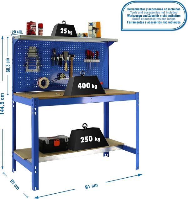 Simon Rack Etabli d’Atelier, Capacité de Charge 400 kg, 1445x910x610 mm, Panneau Perforé avec 1 Étagère, Table de Travail Bricolage, Bleu/Bois - BT3