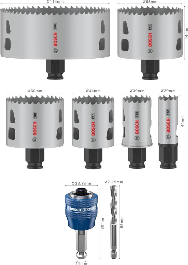 Bosch 8x Coffret de scies trépans PRO Multi Material Power Change Plus - L-Boxx (pour Bois résineux, Cloison sèche, Ø 20, 30, 44, 60, 68, 114 mm, Professional Accessoire Perceuses/visseuses rotatives)