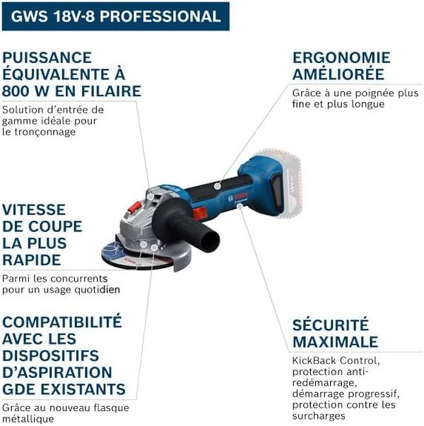 Bosch Professional 18V System meuleuse angulaire sans-fil GWS 18V-8 (diamètre de disque 125 mm, avec 2 batteries GBA 4,0 Ah, chargeur GAL 18V-40, L-BOXX)