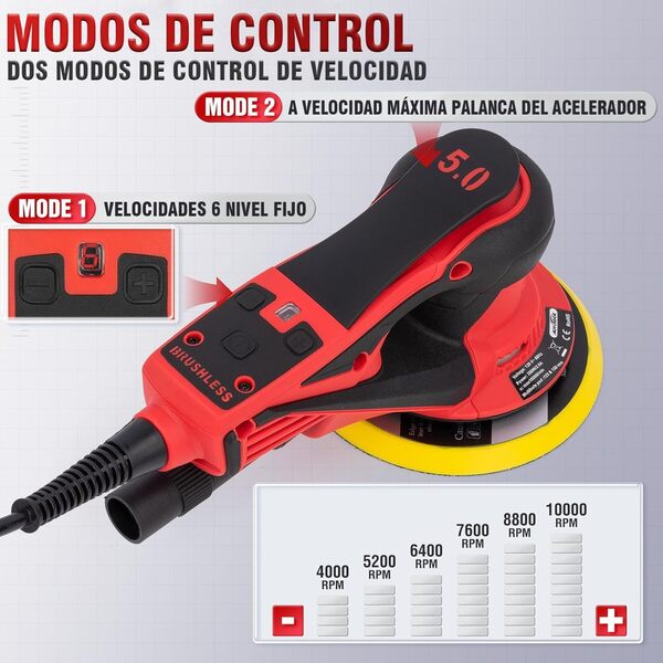 Autolock Ponceuse Orbitale électrique, Plateaux 125/150 mm,350W Ponceuse Electrique, 6 Vitesses jusqu’à 10 000 tr/min, Pour le travail du bois et le Polissage (Rouge)