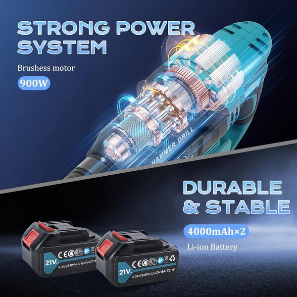 Marteau perforateur Sans Fil 21V 4000 mAh*2 Batteries, énergie de Frappe 2,8 J,Moteur de Marteau Perforateur Sans Balais, Adaptateur SDS-plus avec Mandrin de Perçage