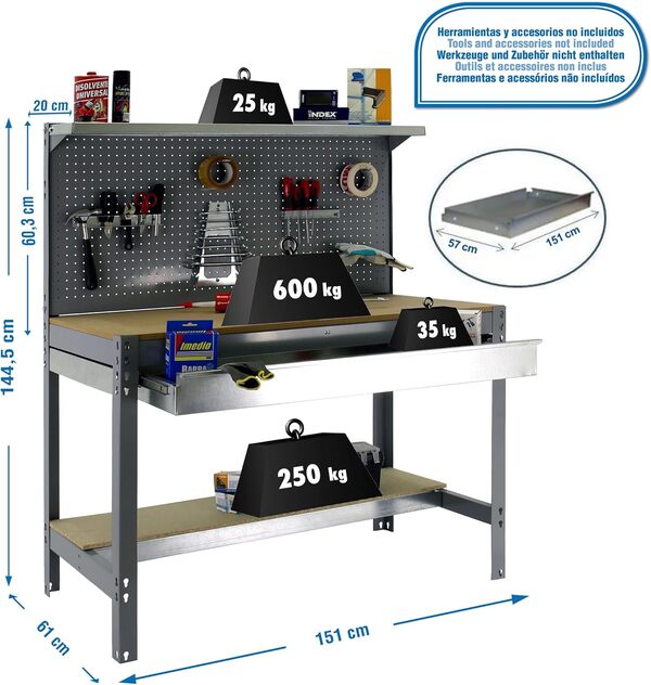 SimonRack Etabli d’Atelier, Capacité de Charge 600 kg, 1445x1510x610 mm, Panneau Perforé avec 1 Étagère, Étagère Tiroir de Rangement, Table de Travail Bricolage, Gris/Bois - BT3