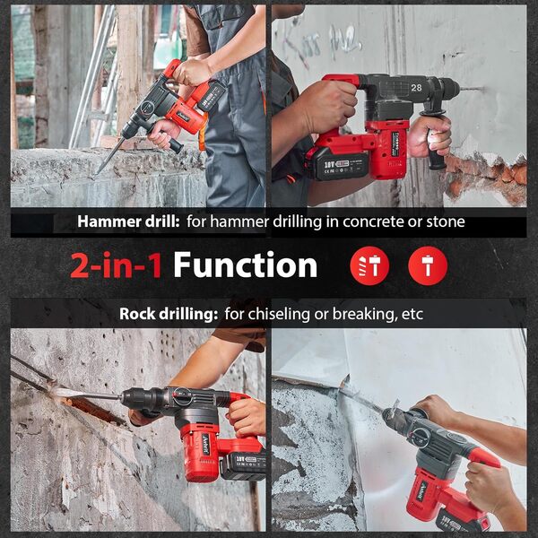 Marteau Perforateur Sans Fil : 4,2J, 1000W Perforateur Burineur Électrique avec 2 * 5.0AH Batteries, Moteur Brushless, SDS Plus, Perceuse a Percussion pour les Professionnels et les Bricoleurs