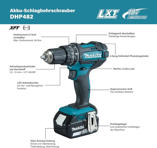 Perceuse à percussion 18V LXT (2x3,0 Ah) avec accessoires - MAKITA DHP482RFX9