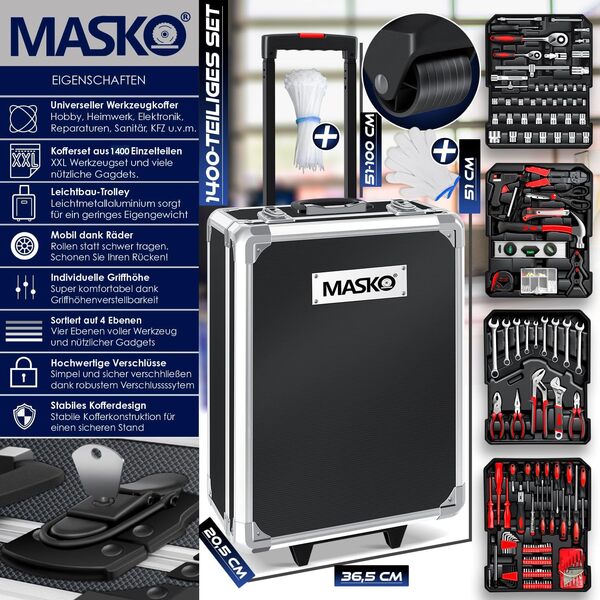 MASKO® Valise à Outils 969 Pièces | Mallette à Outils en Aluminium Coffret à Outils Set | Boîte à Outils avec Roulettes pour Maison, Bricolage, Garage, Auto | Chariot Outils Professionnel Noir