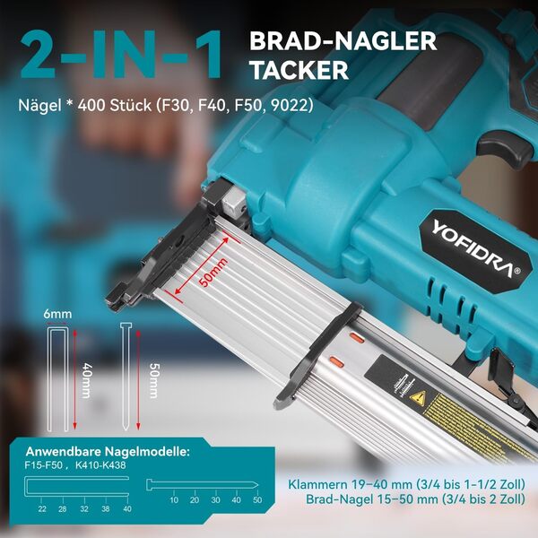 Yofidra Agrafeuse Électrique Sans Fil 2 en 1 – Cloueuse Électrique 20V Sans Balais, Réglage de la Profondeur, LED, avec 300 Clous & 100 Agrafes – Pour Bois & Bricolage (Batterie Non Incluse)